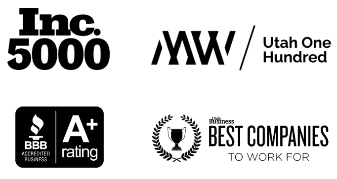 Partner_Awards Better business bureau A+ Logo, Utah Business Best Companies to work for, MW Utah One Hundred, inc 5000 logos
